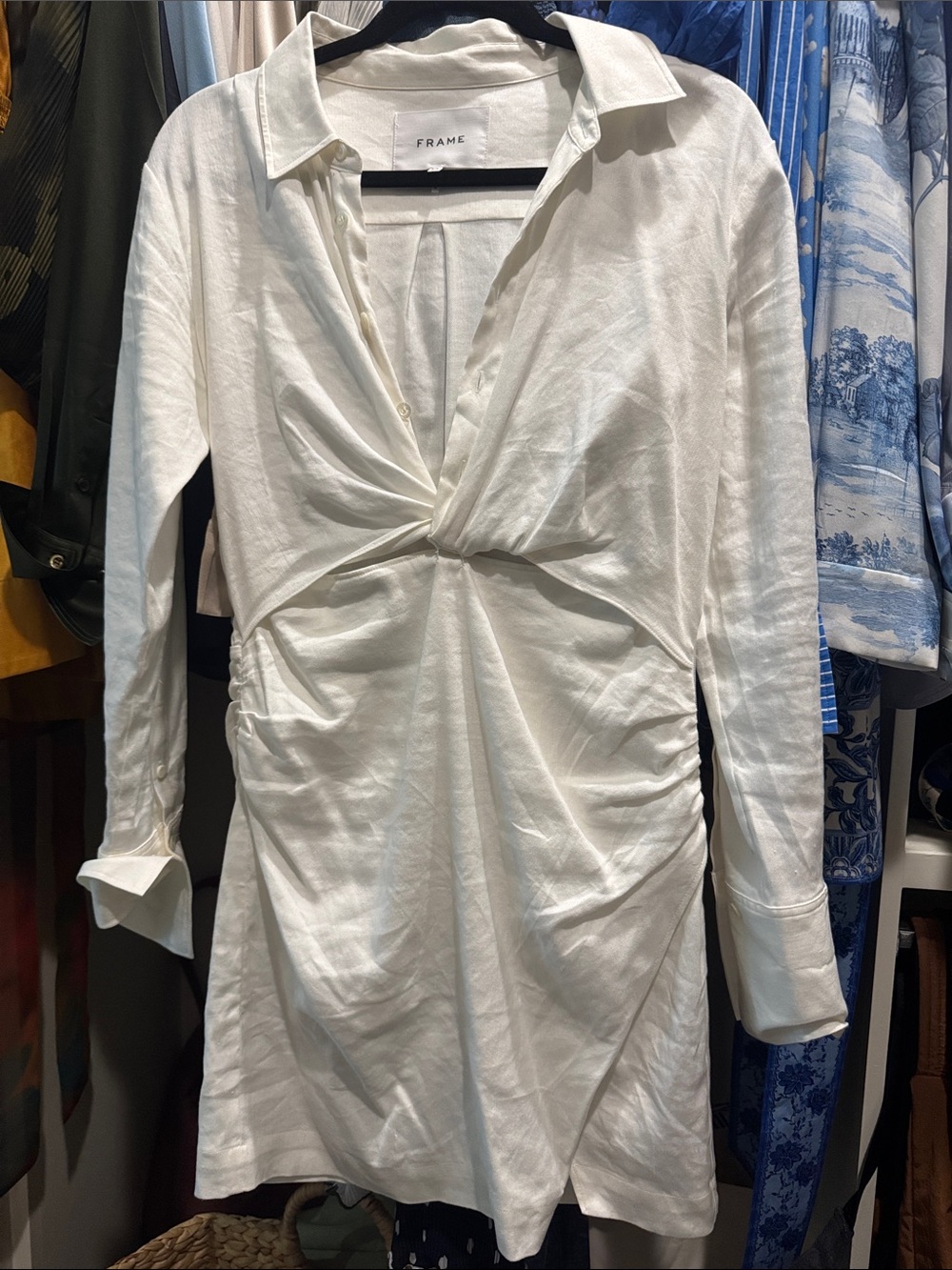 Frame Denim Linen White Twist-Knot Button Down Shirt Dress
